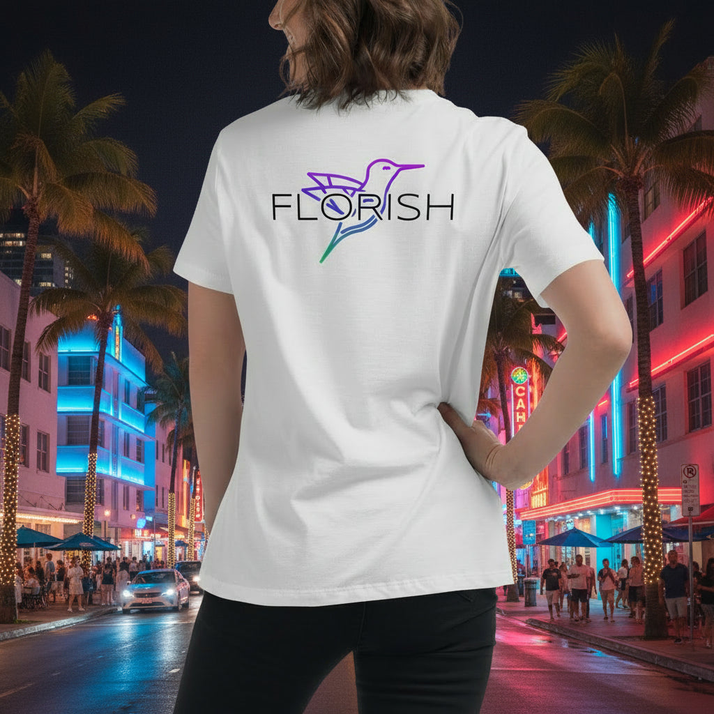 Florish Nectar hummingbird shirt in Miami Nights colors – women's tee
